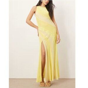 Arrange Racer Neck Raw Edge Paneled Maxi Dress 4 NEW Yellow Chiffon Cocktail
